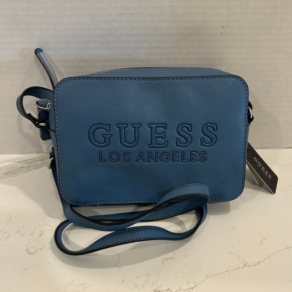 GUESS Los Angeles Crossbody Bag Purse Womens Denim Blue Logo Camera Everyday